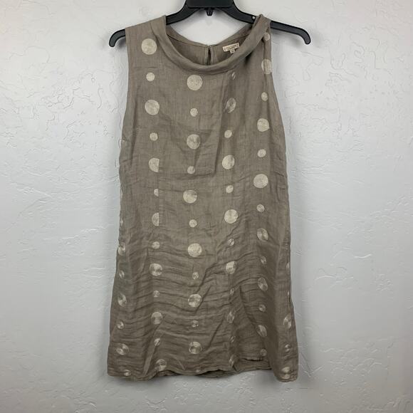 Lina Tomei Italy Linen Dress Womens XL Tan Embroidered Polka Dot Shift - Picture 3 of 9